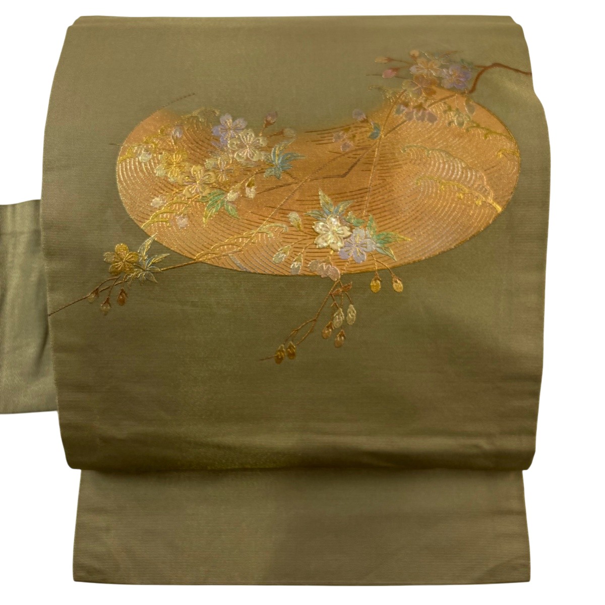 名古屋帯 秀品 桜 波頭 螺鈿 金銀彩 茶緑色 正絹 【中古】｜バイセル 店
