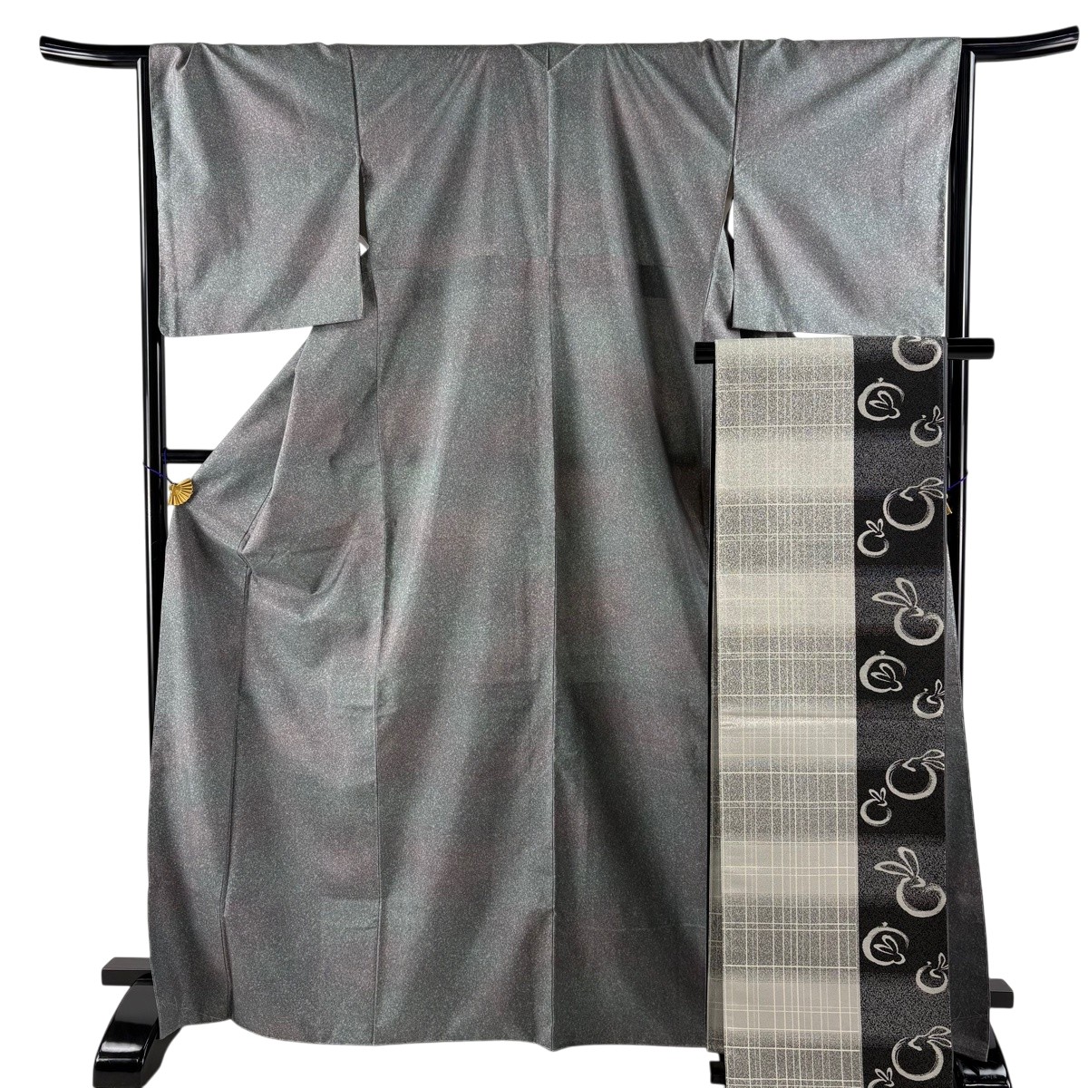 【美品】 小紋 身丈171cm 裄丈66cm M 袷 袋帯セット 紬地 ぼかし柄 幾何学模様 灰緑 正絹 名品 【中古】|バイセル 店
