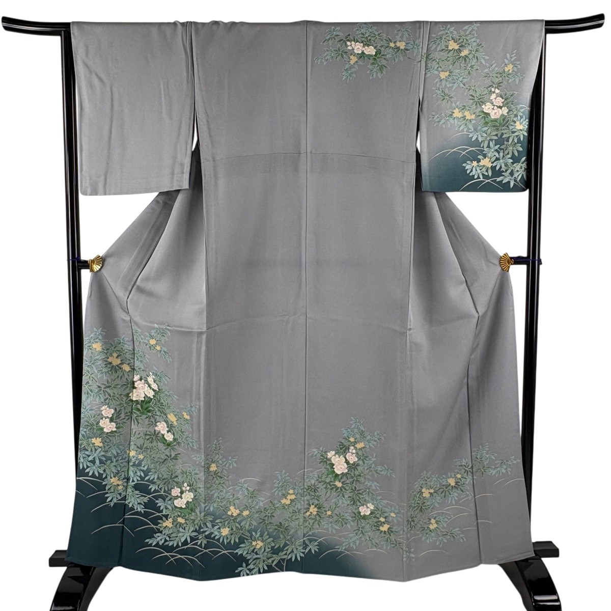 訪問着 身丈164cm 裄丈64.5cm M 単衣 草花 芝 金彩 灰色 正絹 秀品 【中古】｜バイセル 店