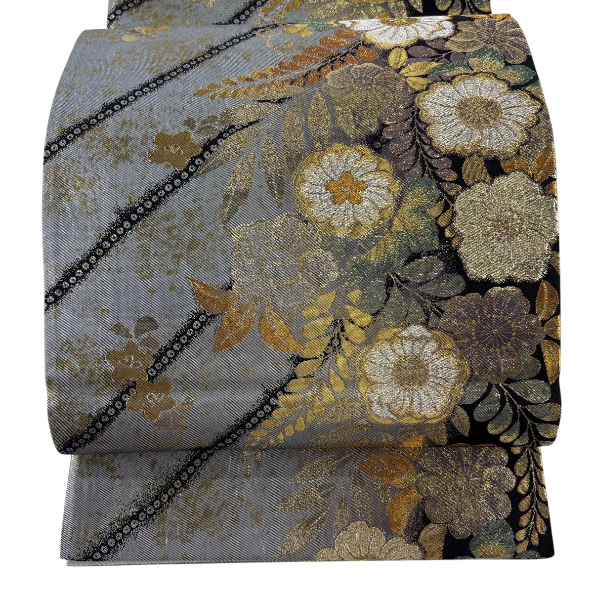 【美品】 袋帯 秀品 振袖向き 草花 金銀糸 箔 灰色 六通 正絹 【中古】｜バイセル 店 6,688円