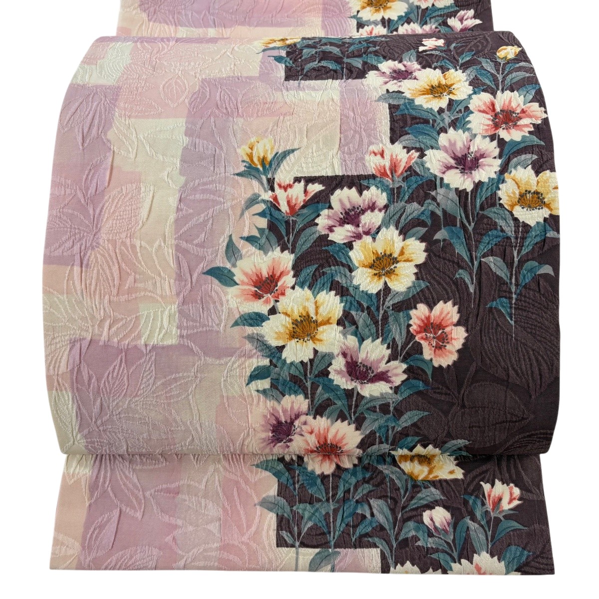 【美品】 袋帯 秀品 草花 地紋 紫 全通 正絹 【中古】｜バイセル 店