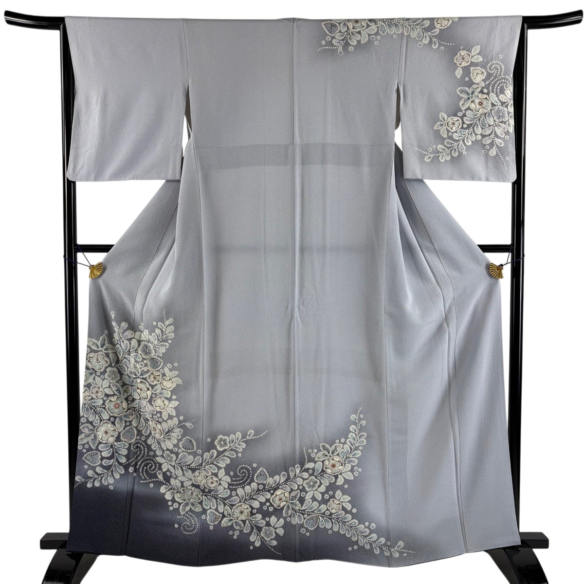 訪問着 身丈162.5cm 裄丈64.5cm M 袷 草花 霞 ぼかし 青灰色 正絹 名品 【中古】｜バイセル 店