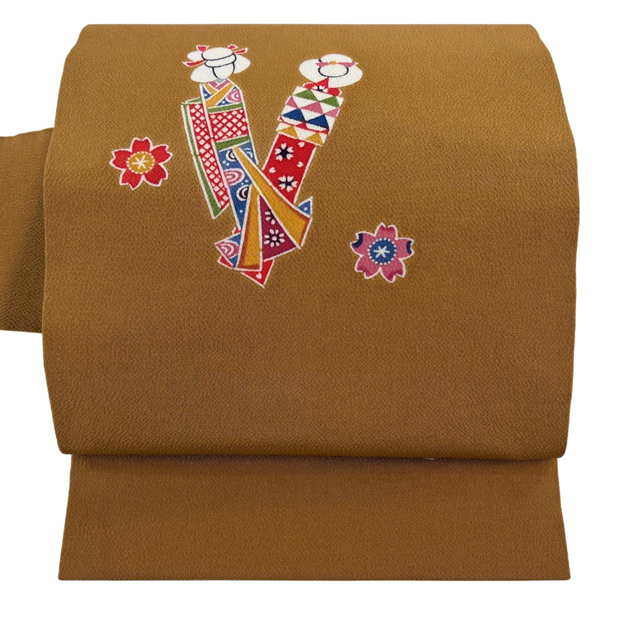 【美品】 名古屋帯 逸品 こけし 桜 縮緬 茶色 正絹 【中古】|バイセル 店