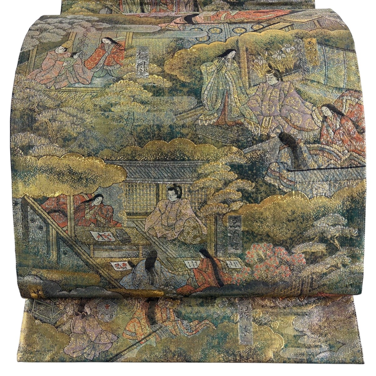 【美品】 袋帯 名品 源氏物語絵巻 人物 御所風景 箔 金色 お太鼓柄 正絹 【中古】|バイセル 店