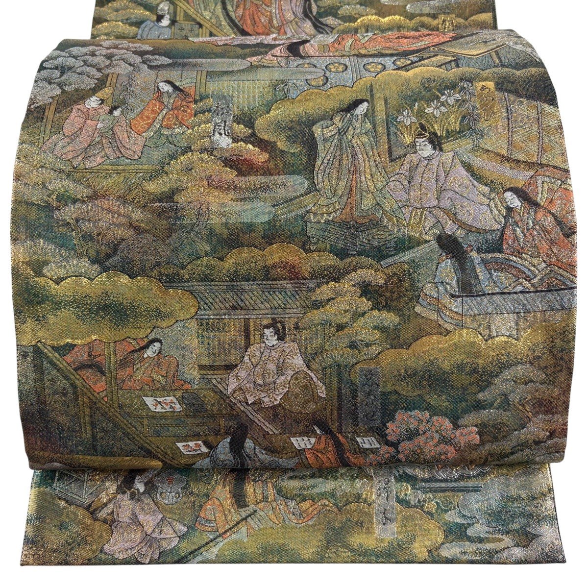 【美品】 袋帯 名品 源氏物語絵巻 人物 御所風景 箔 金色 お太鼓柄 正絹 【中古】|バイセル 店