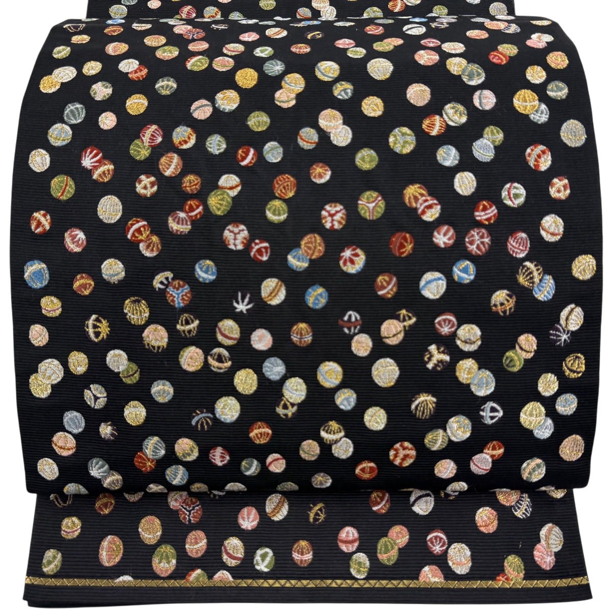 【美品】 袋帯 名品 てんてんてまり 手鞠尽くし 金糸 黒 六通 正絹 【中古】|バイセル 店