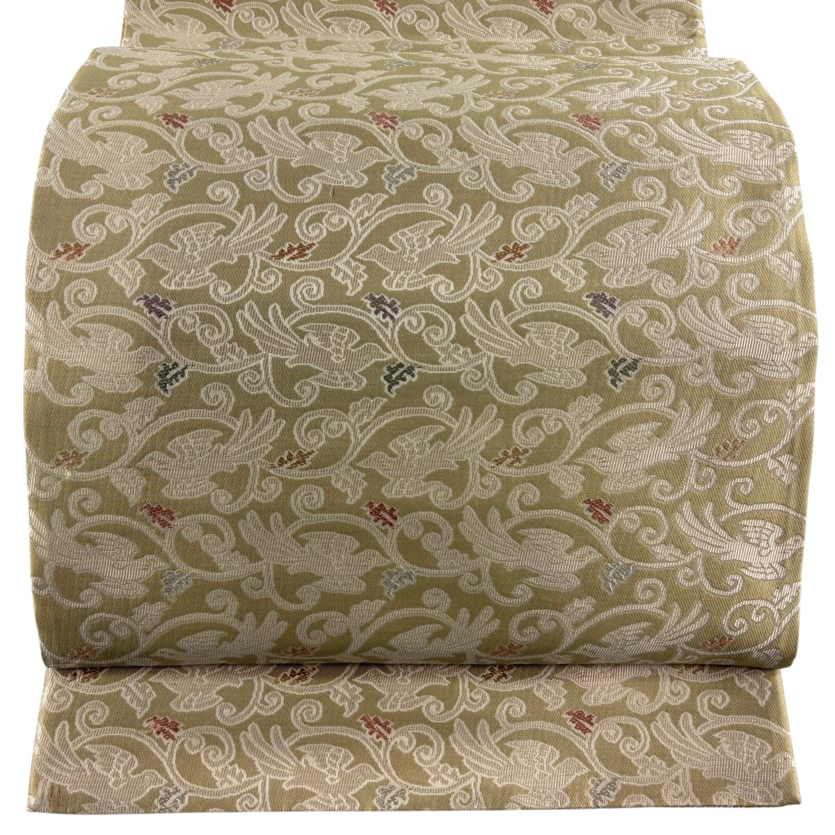 【美品】 袋帯 名品 鳥 唐草 薄黄土色 全通 正絹 【中古】|バイセル 店
