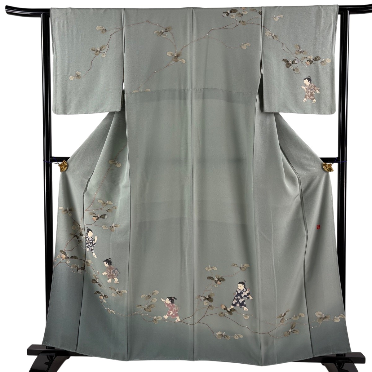 訪問着 身丈158.5cm 裄丈62cm S 袷 関口遼一 落款あり 童 枝花 ぼかし 灰緑 正絹 名品 【中古】｜バイセル 店