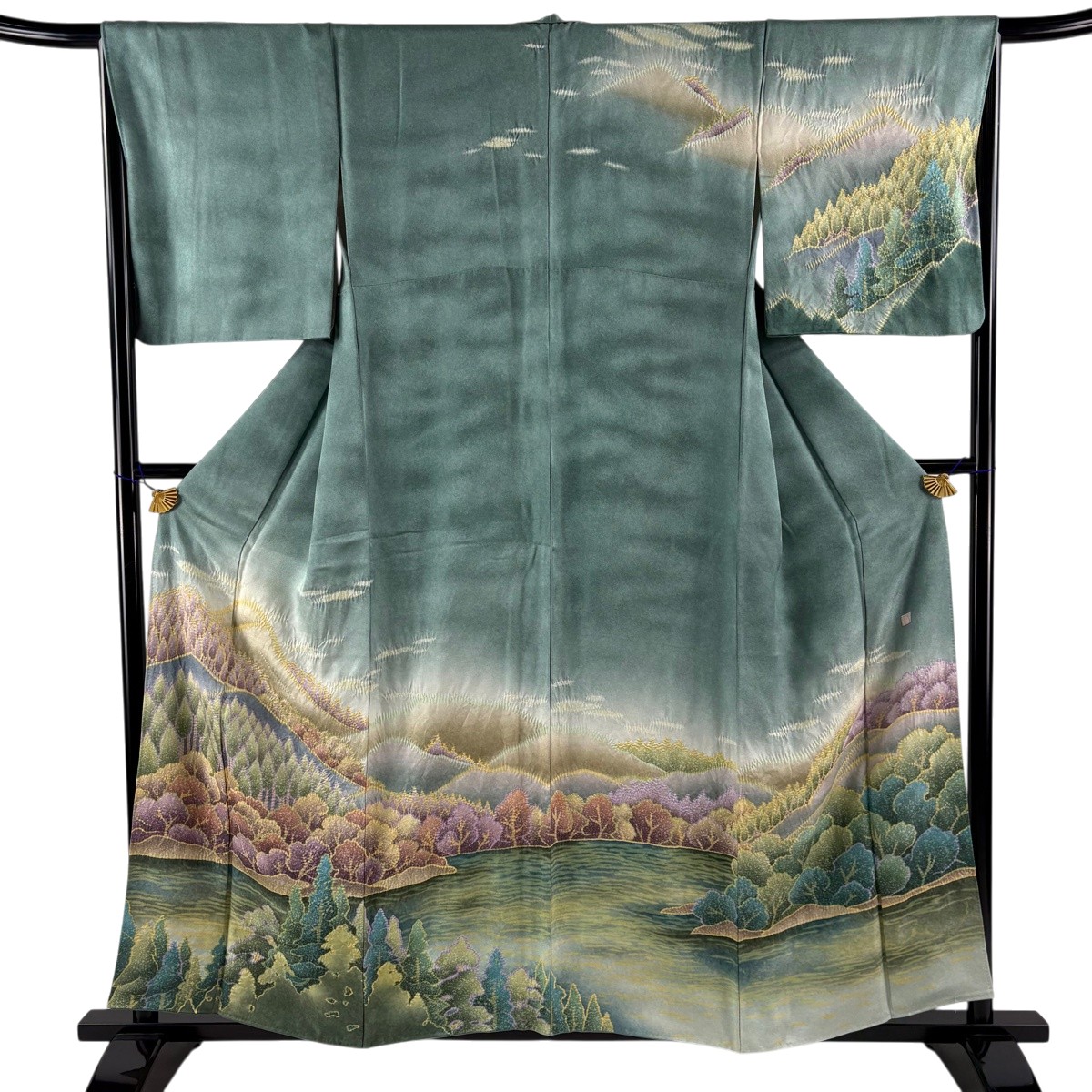 訪問着 身丈156.5cm 裄丈68cm L 袷 落款あり 風景 樹木 しぼり ぼかし 緑 正絹 名品 【中古】｜バイセル 店