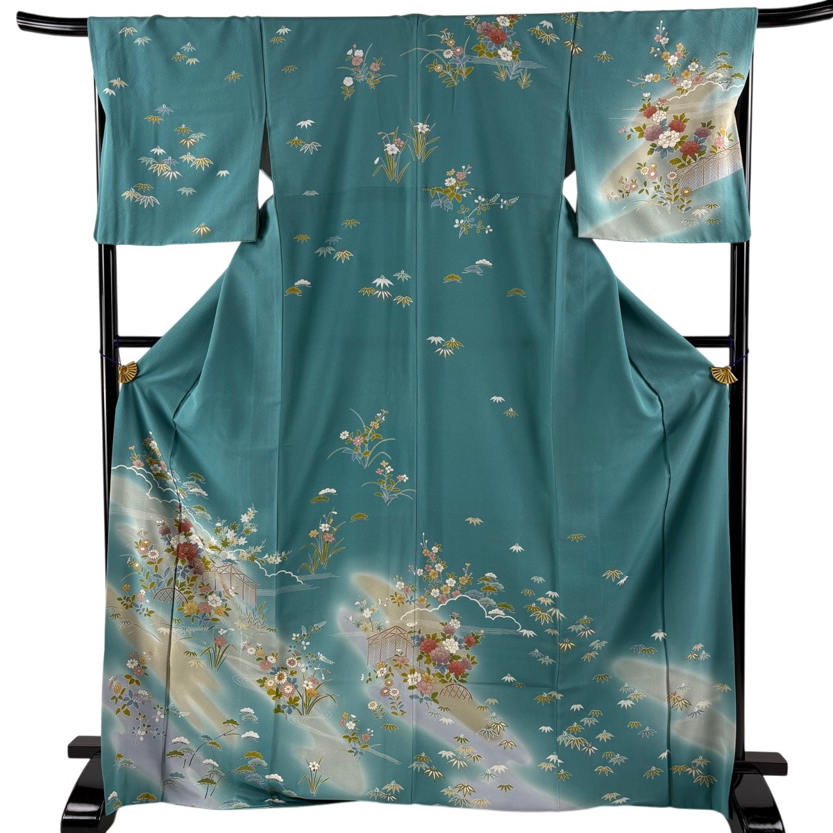 訪問着 身丈172.5cm 裄丈68cm L 袷 牡丹 草花 金彩 ぼかし 薄青緑 正絹 名品 【中古】｜バイセル 店
