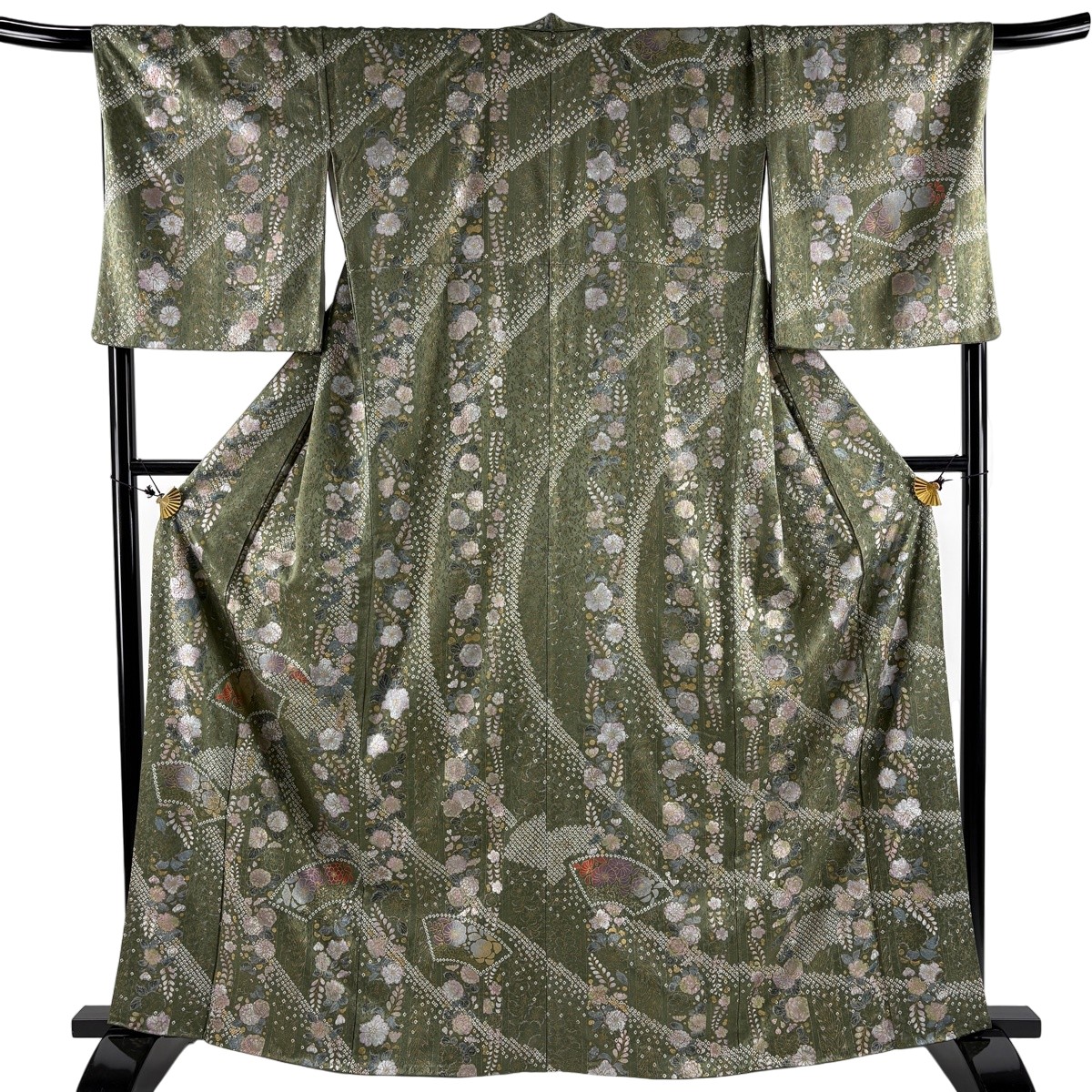 【美品】 訪問着 身丈163cm 裄丈69cm L 袷 扇面 草花 金銀彩 茶緑色 正絹 秀品 【中古】｜バイセル 店