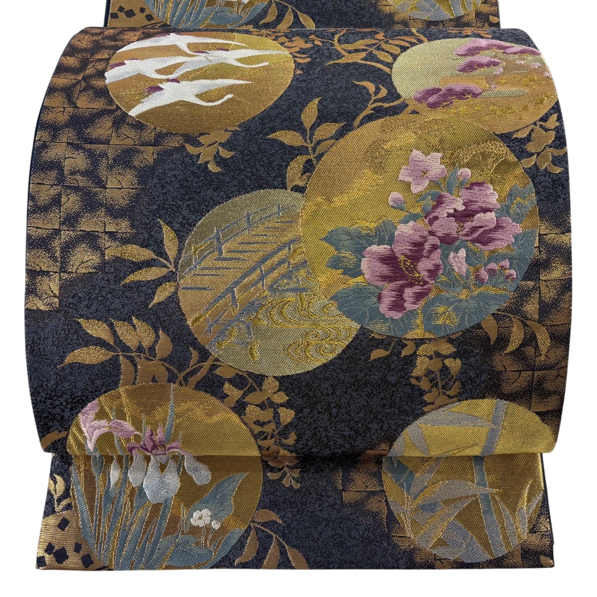 【美品】 袋帯 逸品 じゅらく 落款あり じゅらく帝王紫 草花 鶴 金糸 箔 青灰色 六通 正絹 【中古】｜バイセル 店