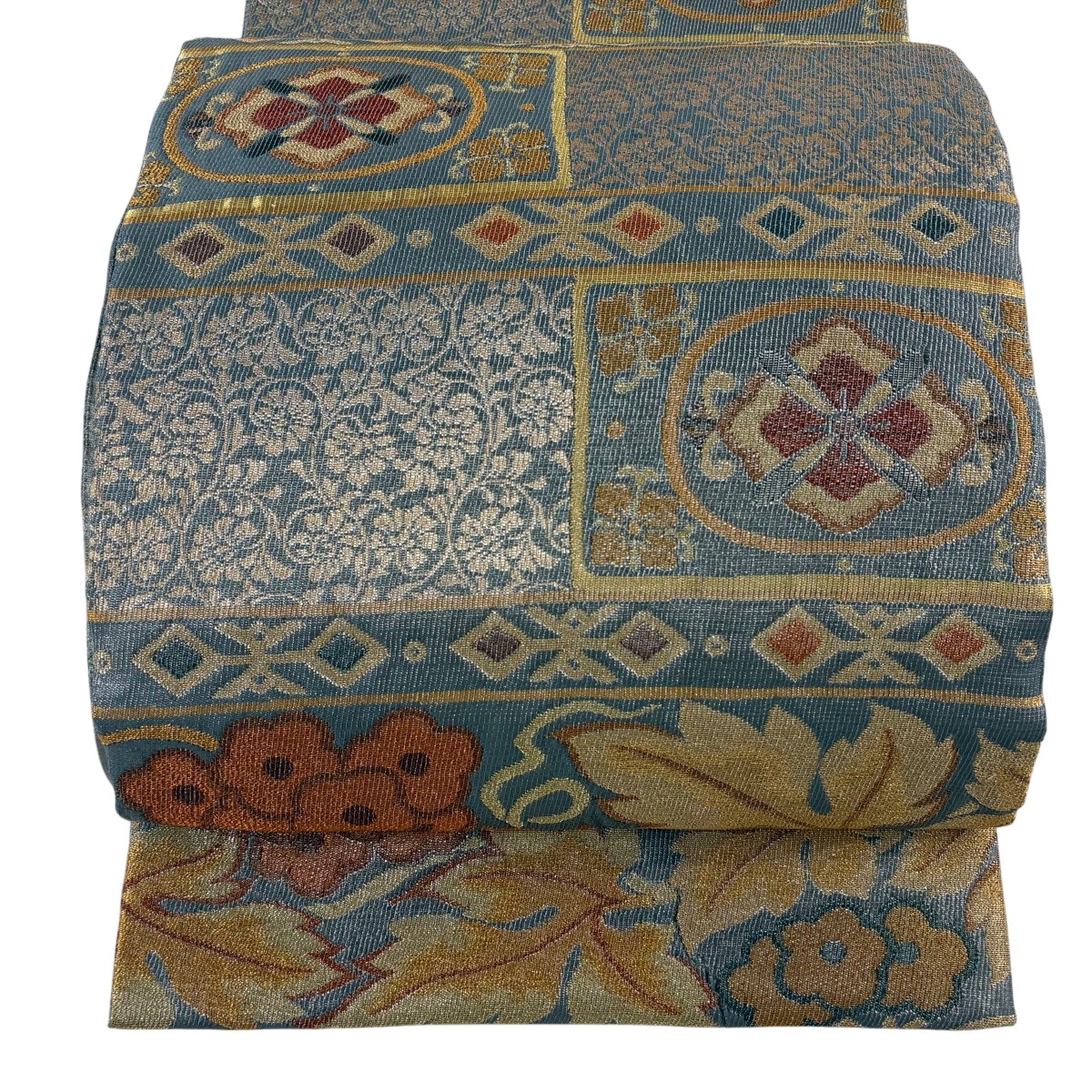 【美品】 袋帯 逸品 紋屋井関 落款あり 御寮織 草花 華文 金糸 箔 灰色 六通 正絹 【中古】|バイセル 店