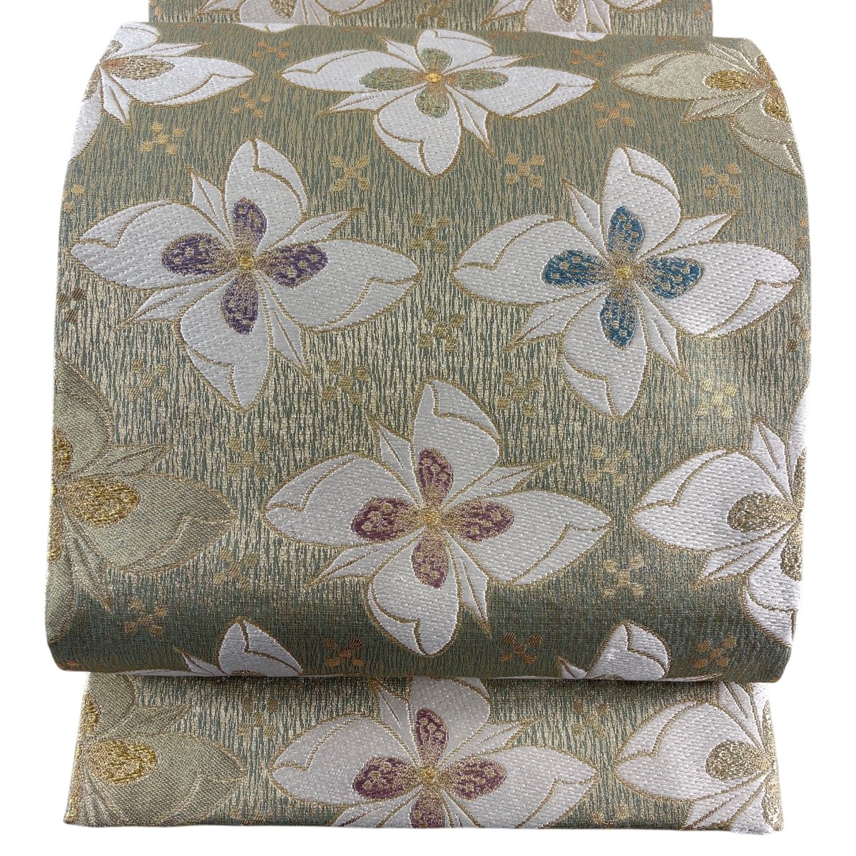 【美品】 袋帯 名品 花 金糸 箔 よもぎ色 六通 正絹 【中古】|バイセル 店
