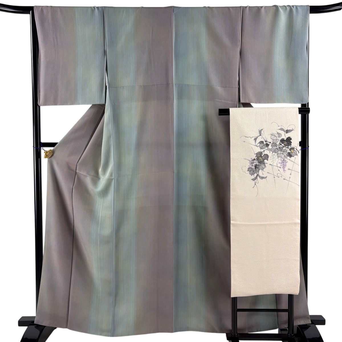 【美品】 小紋 身丈163.5cm 裄丈66.5cm M 袷 名古屋帯セット 縦縞 ぼかし 灰緑 正絹 秀品 【中古】｜バイセル 店 14,768円