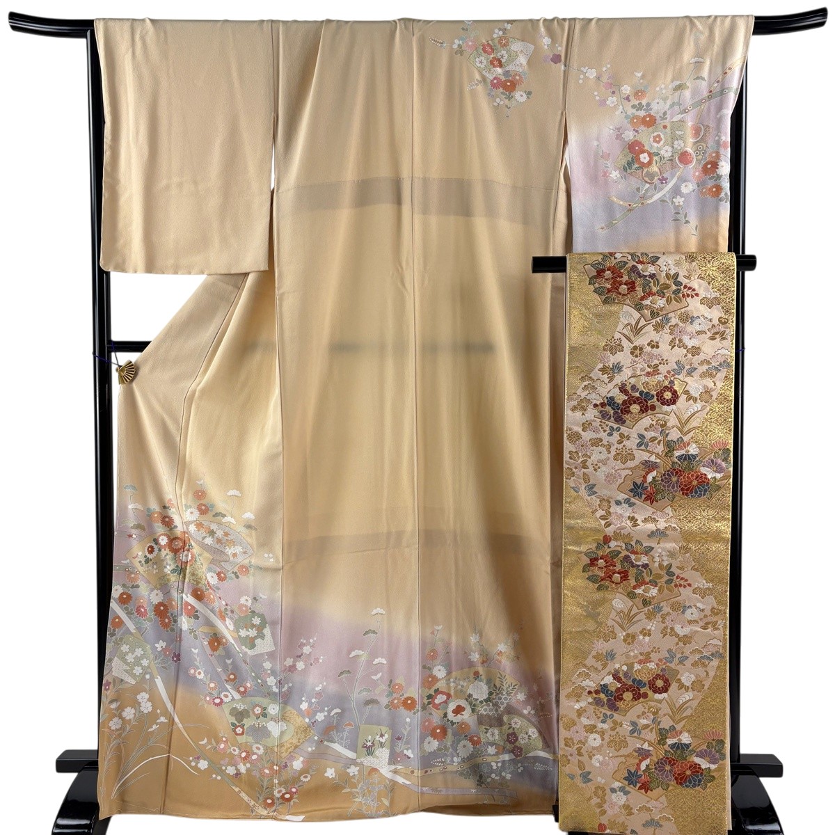 【美品】 訪問着 身丈170cm 裄丈68.5cm L 袷 袋帯セット 扇面 草花 金彩 ぼかし ベージュ 正絹 名品 【中古】|バイセル 店
