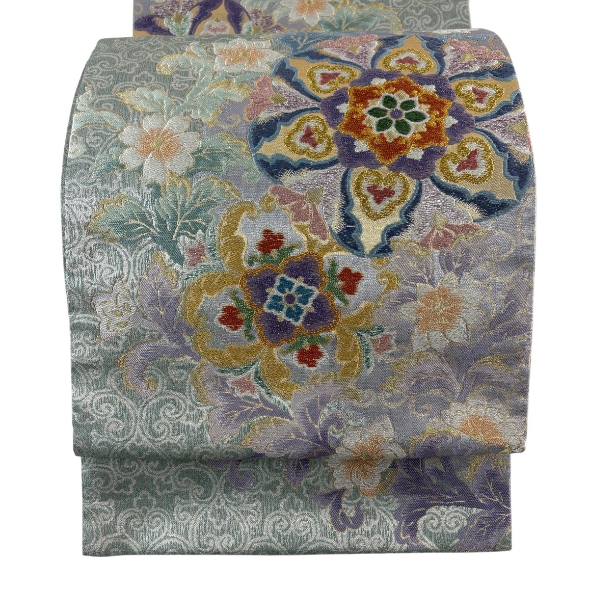 【美品】 袋帯 名品 華文 唐草 箔 金糸 灰緑 六通 正絹 【中古】|バイセル 店