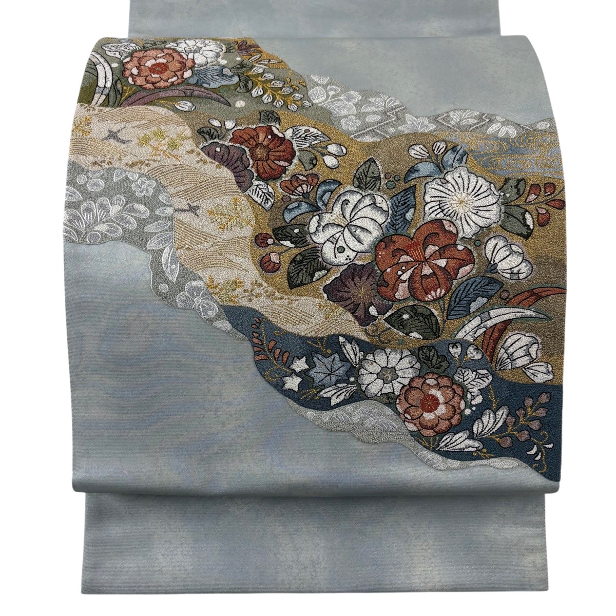 【美品】 袋帯 名品 草花 道長取り 刺繍 金銀糸 青灰色 お太鼓柄 正絹 【中古】|バイセル 店