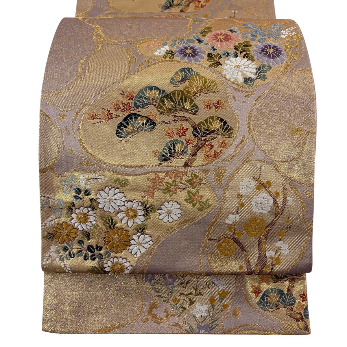 【美品】 袋帯 秀品 松 草花 金糸 箔 薄小豆 六通 正絹 【中古】｜バイセル 店 6,952円