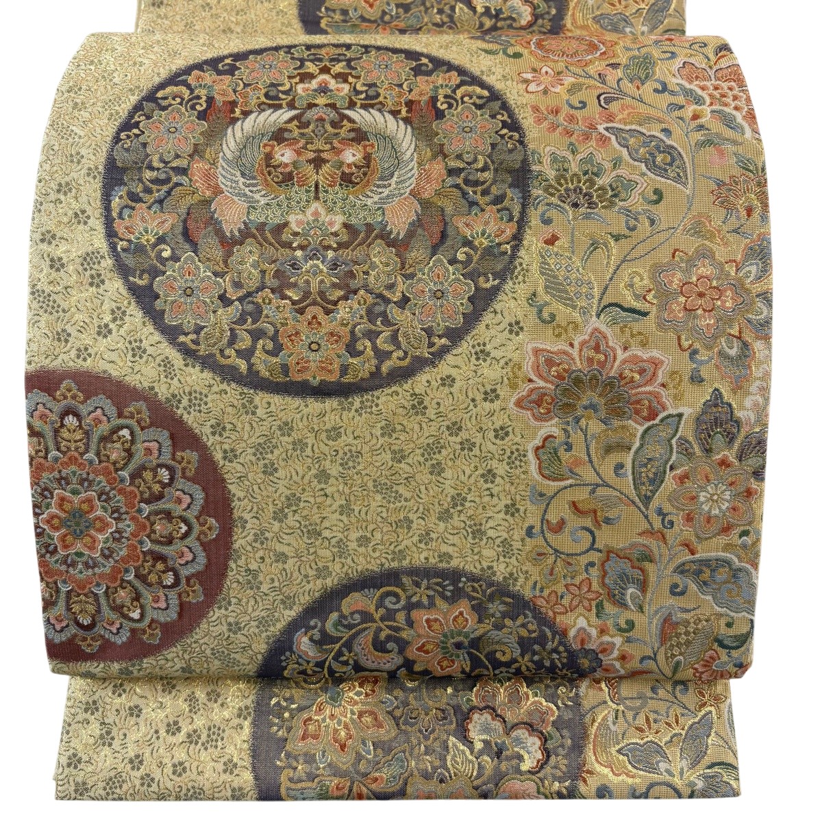 袋帯 逸品 壱阡八百精細織 華文 花唐草 箔 金糸 ベージュ 六通 正絹 【中古】|バイセル 店