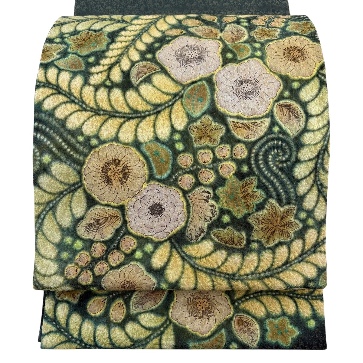 【美品】 袋帯 名品 落款あり 草花 金糸 絞り 深緑 お太鼓柄 正絹 【中古】|バイセル 店