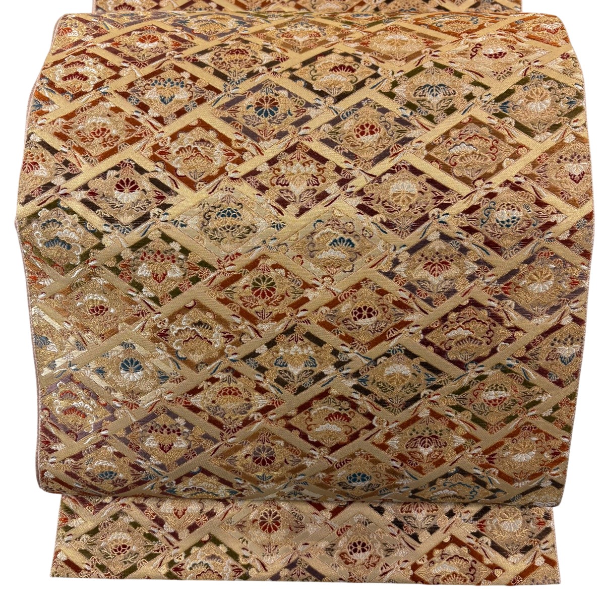 【美品】 袋帯 名品 祥園 落款あり 純金箔錦 草花 菱 箔 金糸 ベージュ 六通 正絹 【中古】｜バイセル 店 11,218円