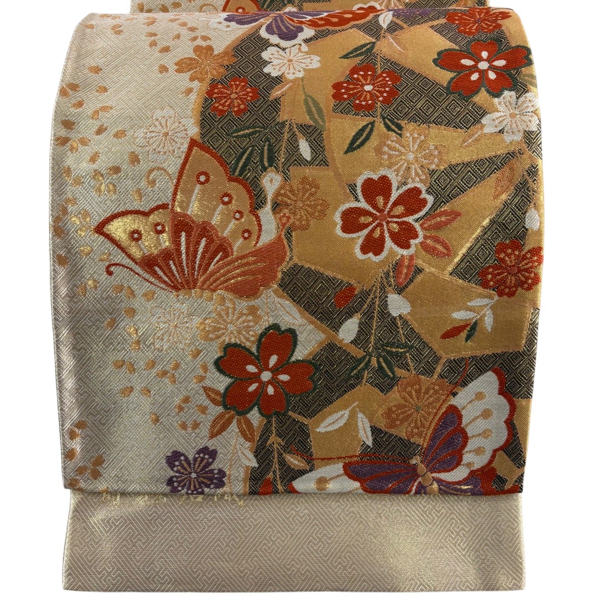 【美品】 袋帯 秀品 証紙あり 蒔絵唐織 正絹九百錦 蝶 枝垂れ桜 箔 金糸 金色 六通 正絹 【中古】｜バイセル 店