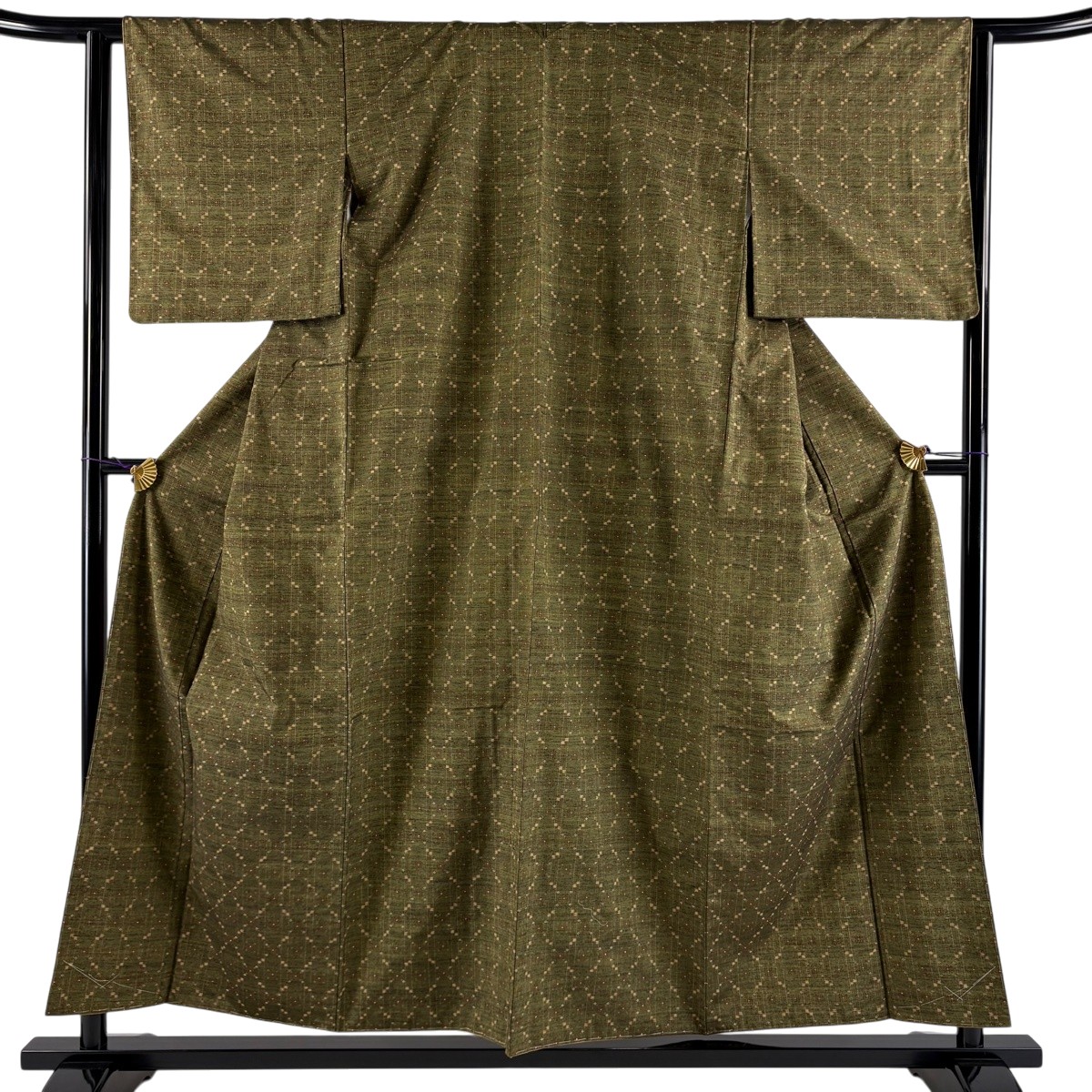 【美品】 紬 身丈156cm 裄丈63cm S 袷 縦縞 幾何学模様 茶緑色 正絹 逸品 【中古】|バイセル 店