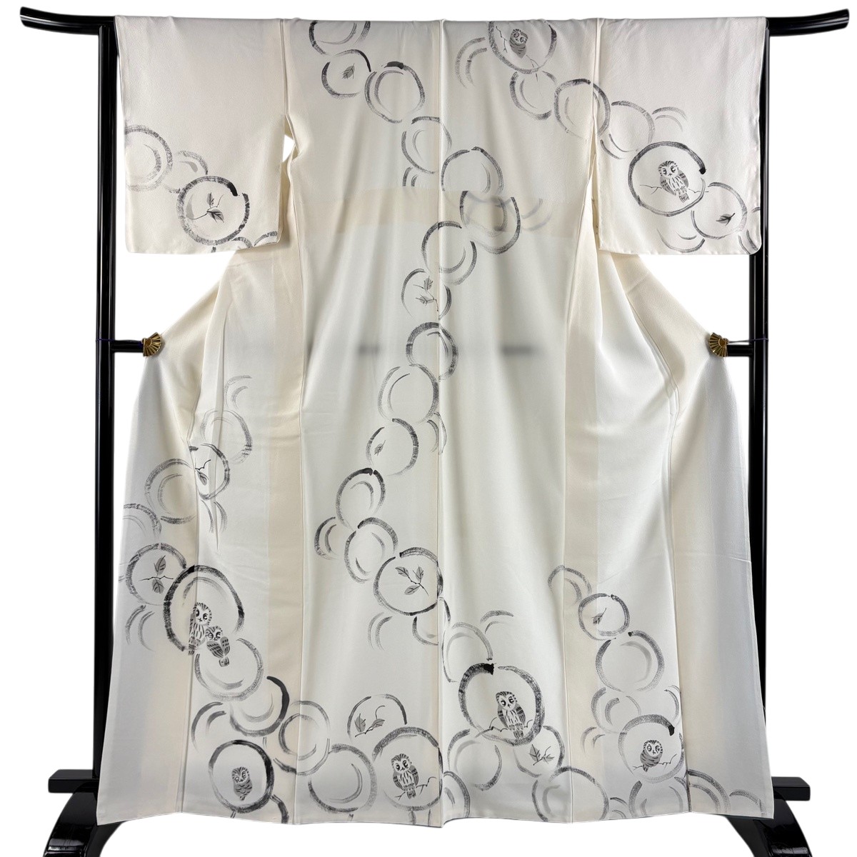 訪問着 身丈164.5cm 裄丈65cm M 袷 ふくろう 枝葉 クリーム 正絹 逸品 【中古】|バイセル 店