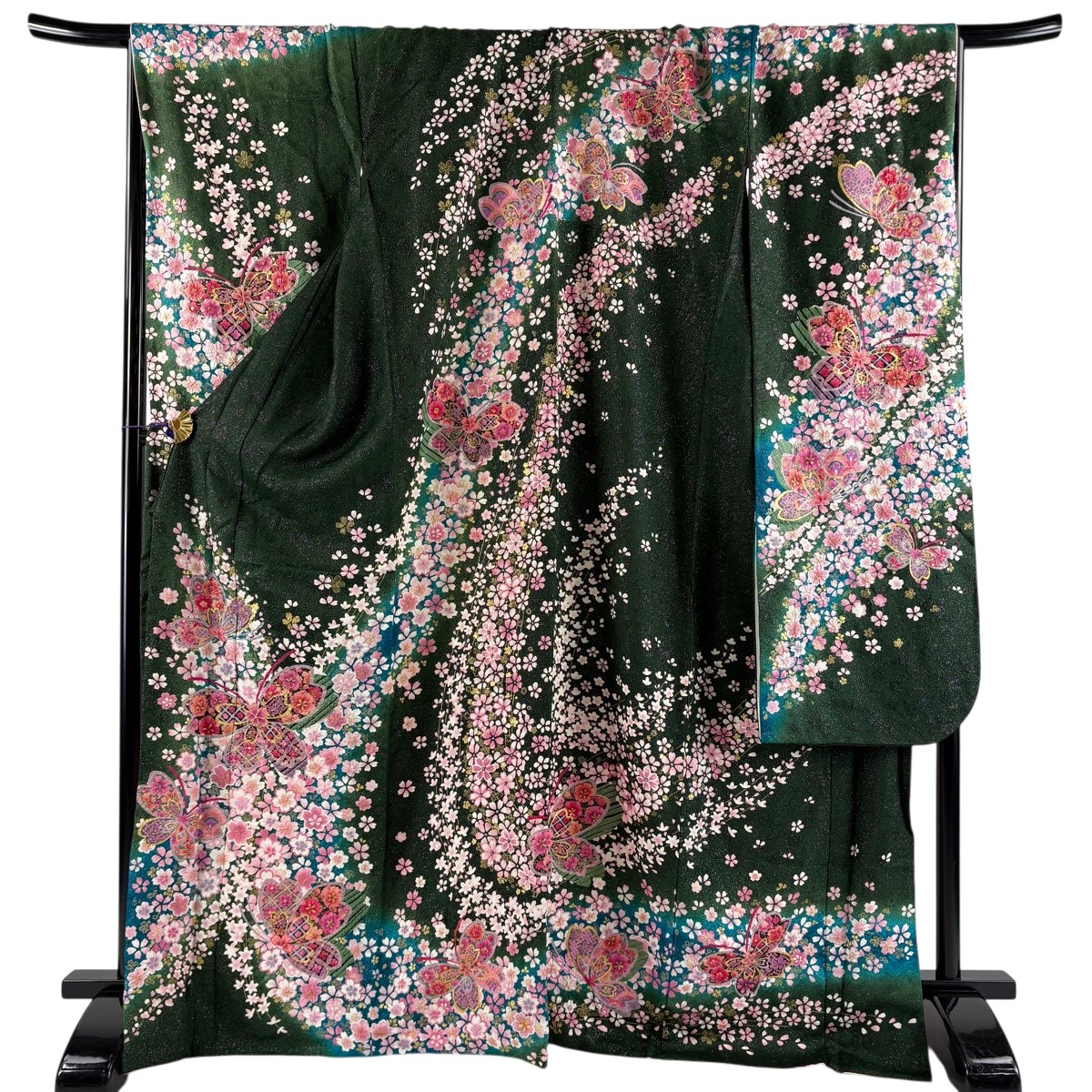振袖 身丈168.5cm 裄丈72cm L 袷 蝶 桜 銀通し 絞り 深緑 正絹 逸品 【中古】|バイセル 店