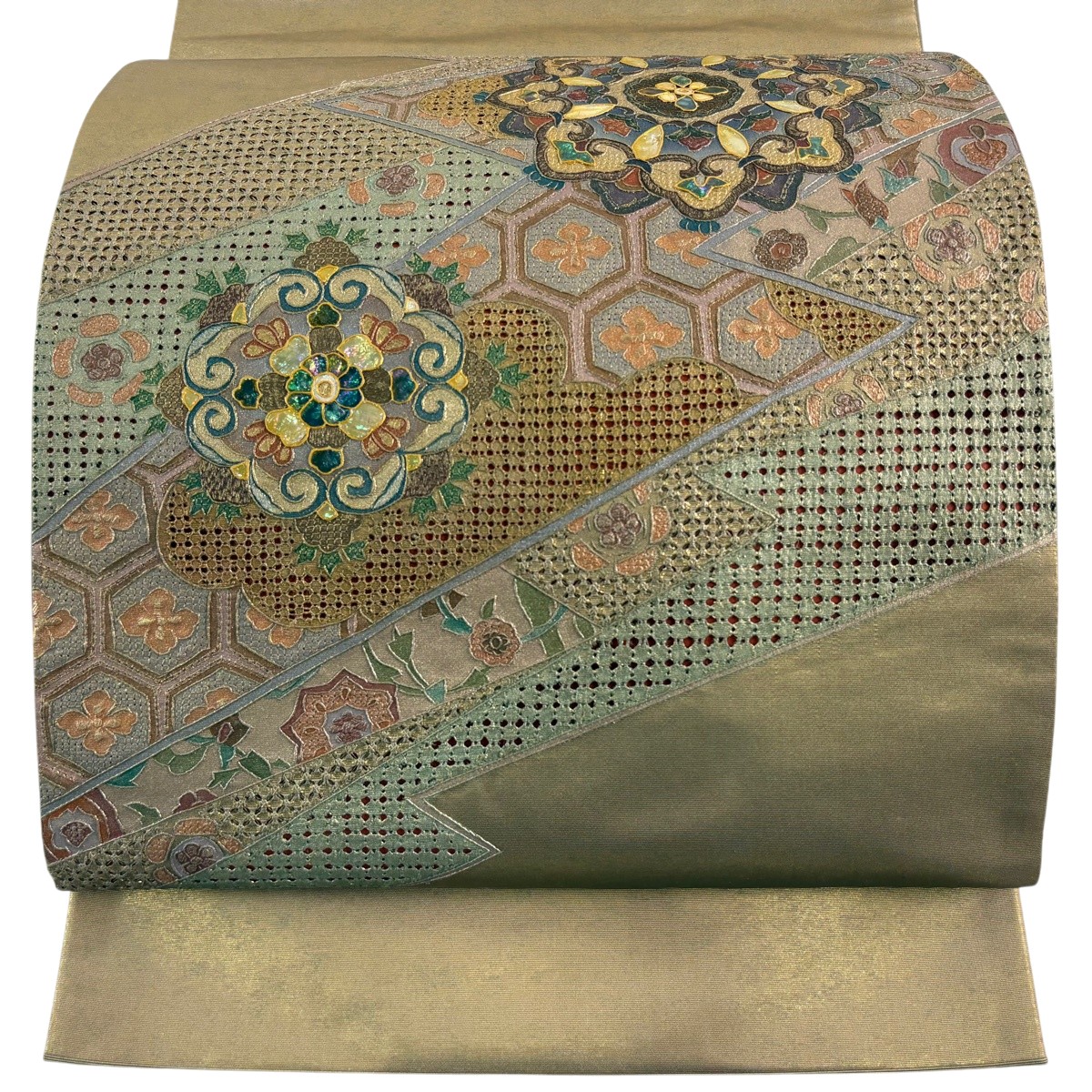 【美品】 袋帯 名品 関西仕立て 華文 亀甲 螺鈿 金彩 金茶 お太鼓柄 正絹 【中古】|バイセル 店