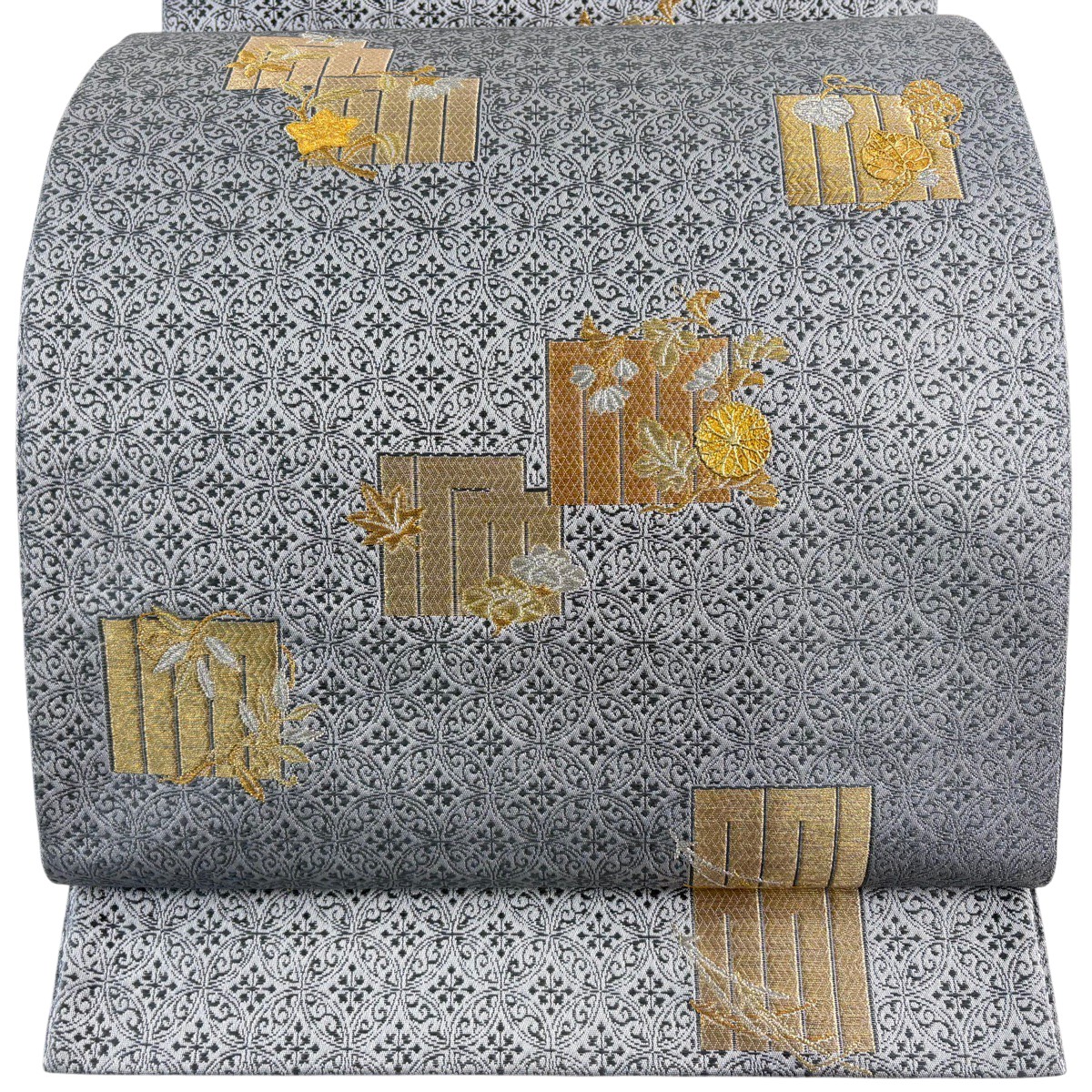 【美品】 袋帯 名品 源氏香 草花 金銀糸 箔 灰色 六通 正絹 【中古】｜バイセル 店