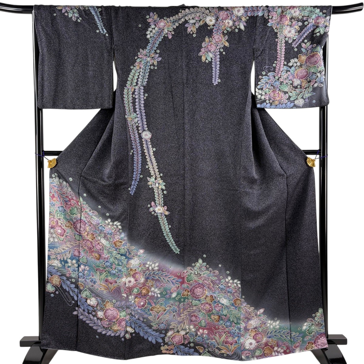 訪問着 身丈163.5cm 裄丈67cm M 単衣 辻が花柄 金彩 ぼかし 黒灰 正絹 名品 【中古】｜バイセル 店