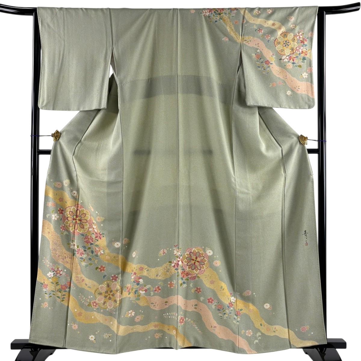 訪問着 身丈161cm 裄丈65cm M 袷 松井青々 落款あり 華文 草花 金彩 灰緑 正絹 逸品 【中古】｜バイセル 店