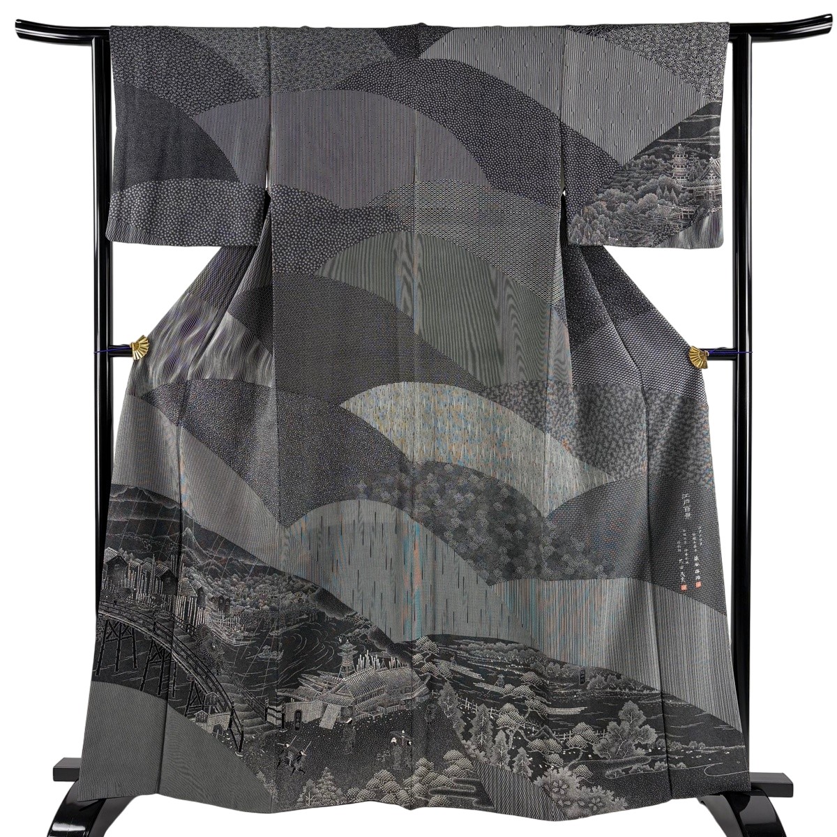 【美品】 訪問着 身丈162cm 裄丈63cm S 袷 染谷梅治 落款あり 風景 橋 黒 正絹 秀品 【中古】｜バイセル 店