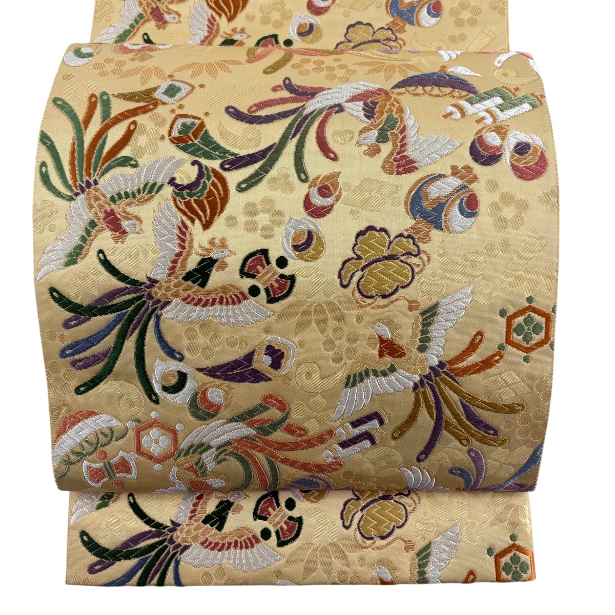【美品】 袋帯 秀品 鳳凰 宝尽くし 唐織 金糸 ベージュ 六通 正絹 【中古】｜バイセル 店