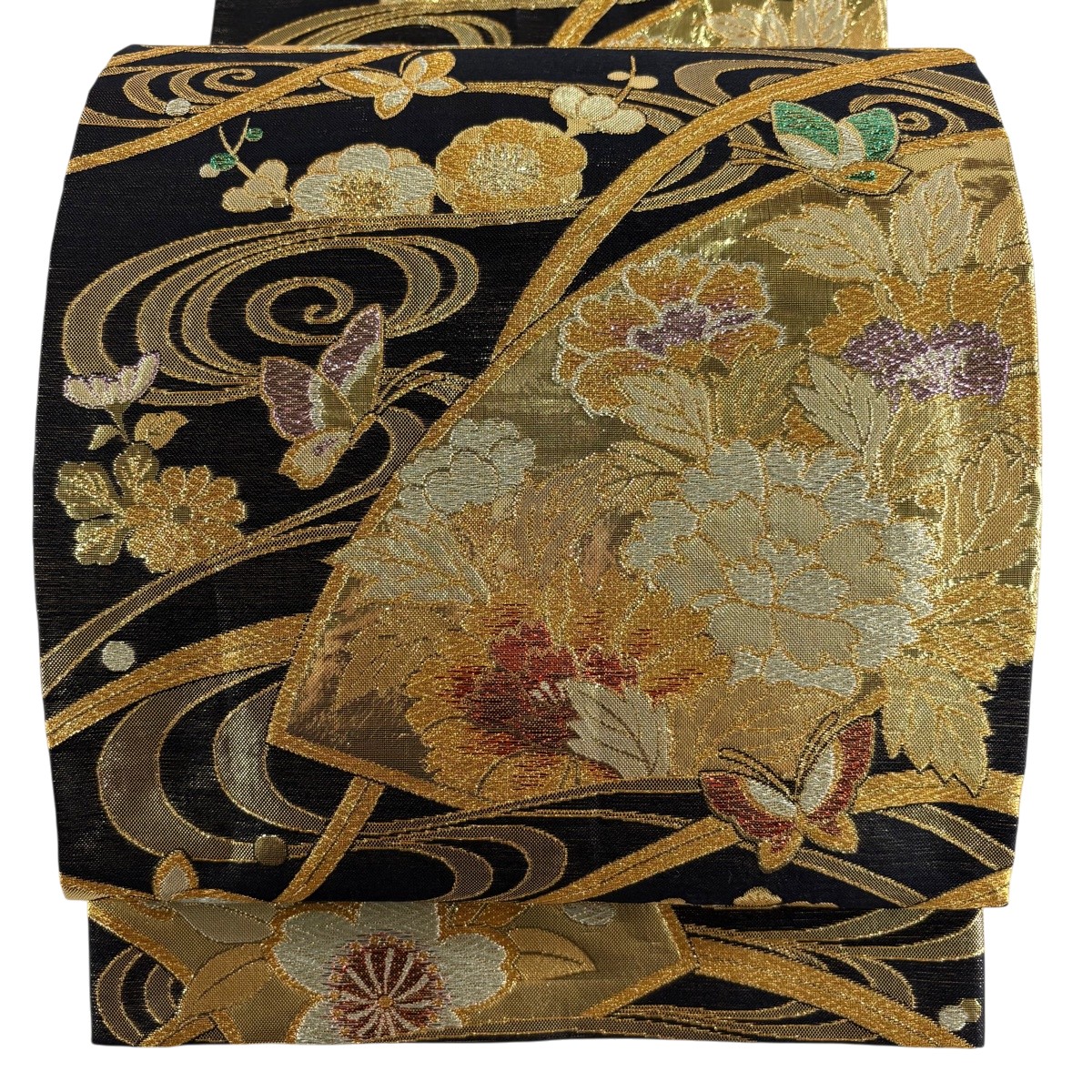 【美品】 袋帯 秀品 草花 流水 金糸 箔 黒 六通 正絹 【中古】｜バイセル 店