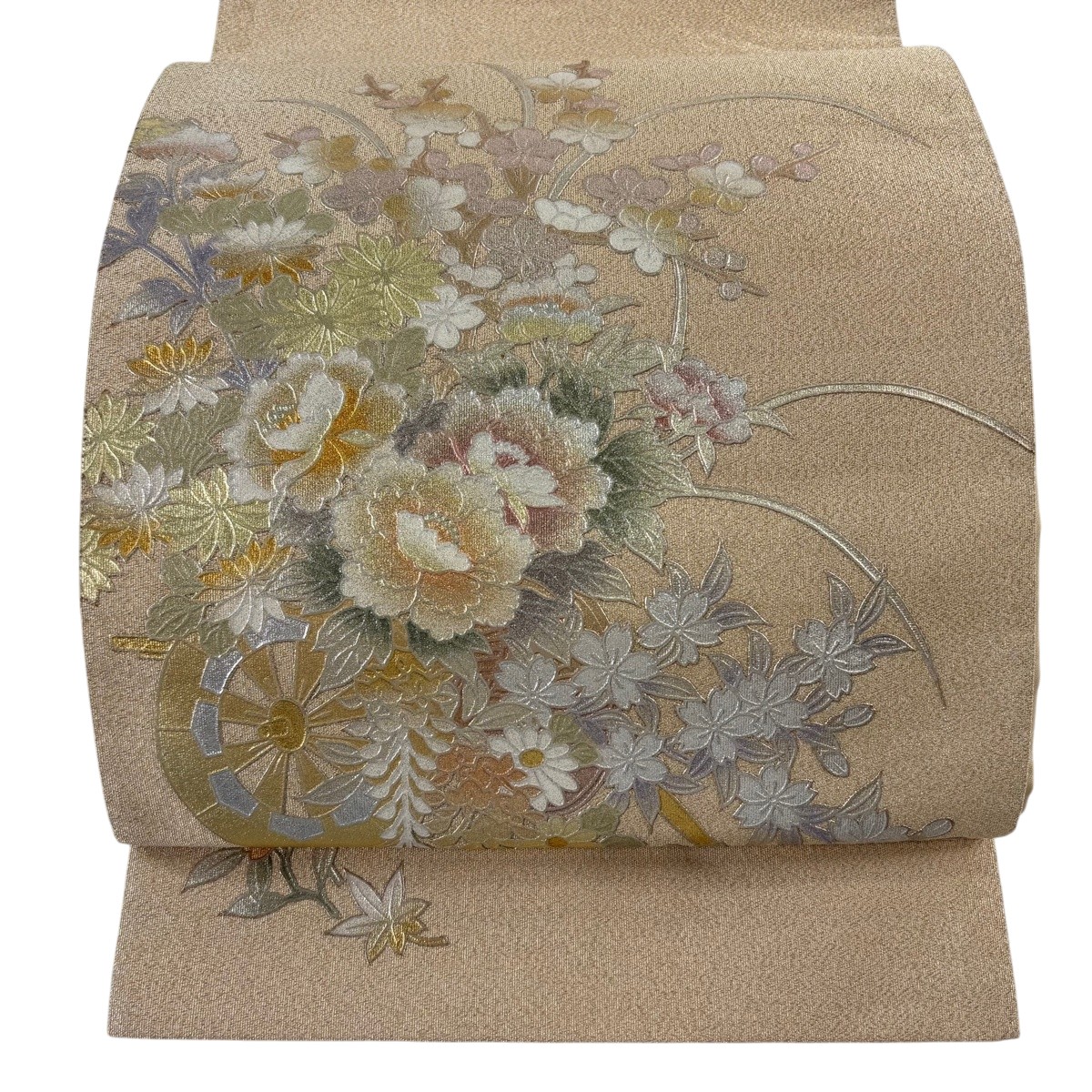 袋帯 逸品 和田光正 落款あり 花車 草花 金銀彩 金糸 金色 お太鼓柄 正絹 【中古】|バイセル 店
