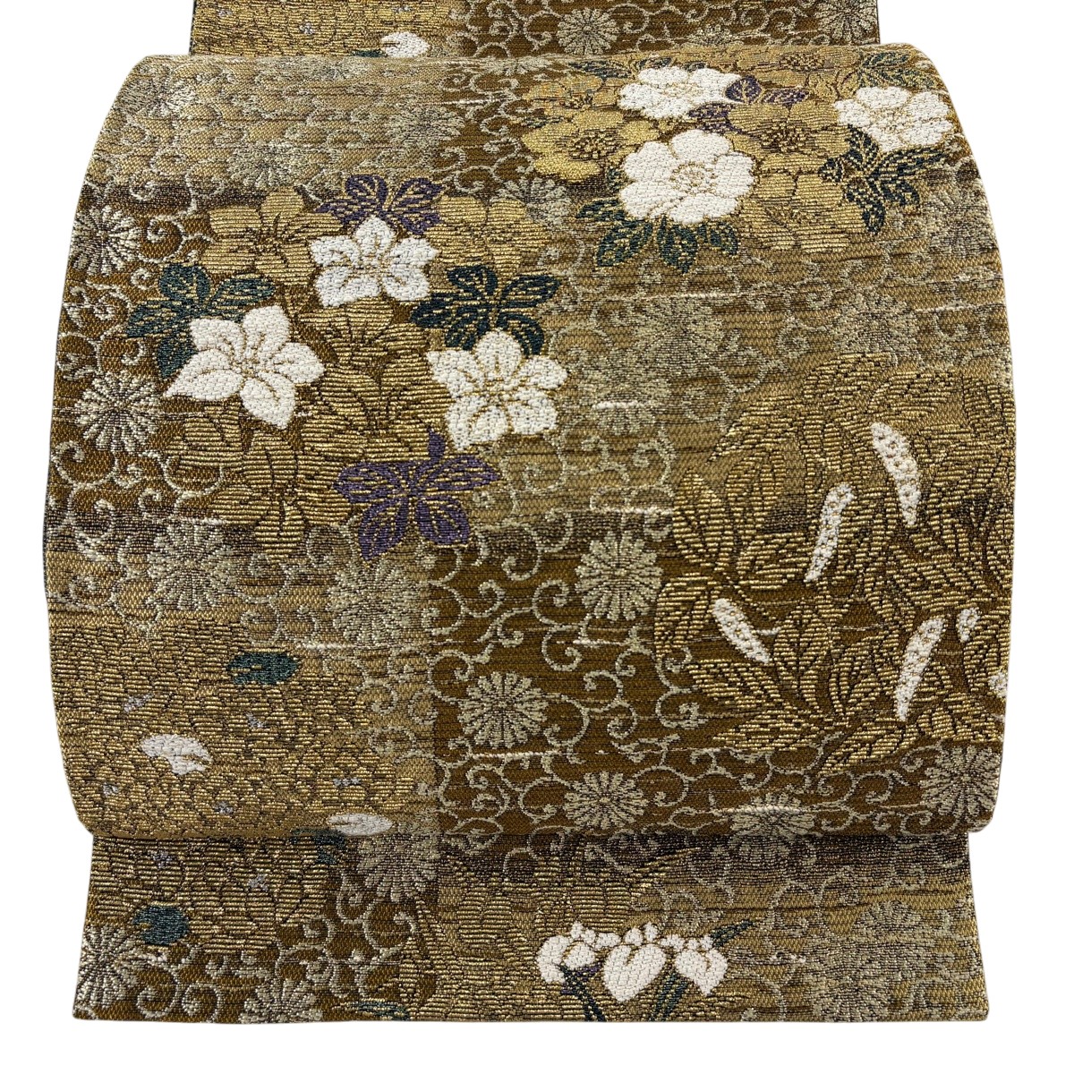 【美品】 袋帯 名品 落款あり 草花 菊唐草 金糸 刺繍 山吹茶色 全通 正絹 【中古】｜バイセル 店