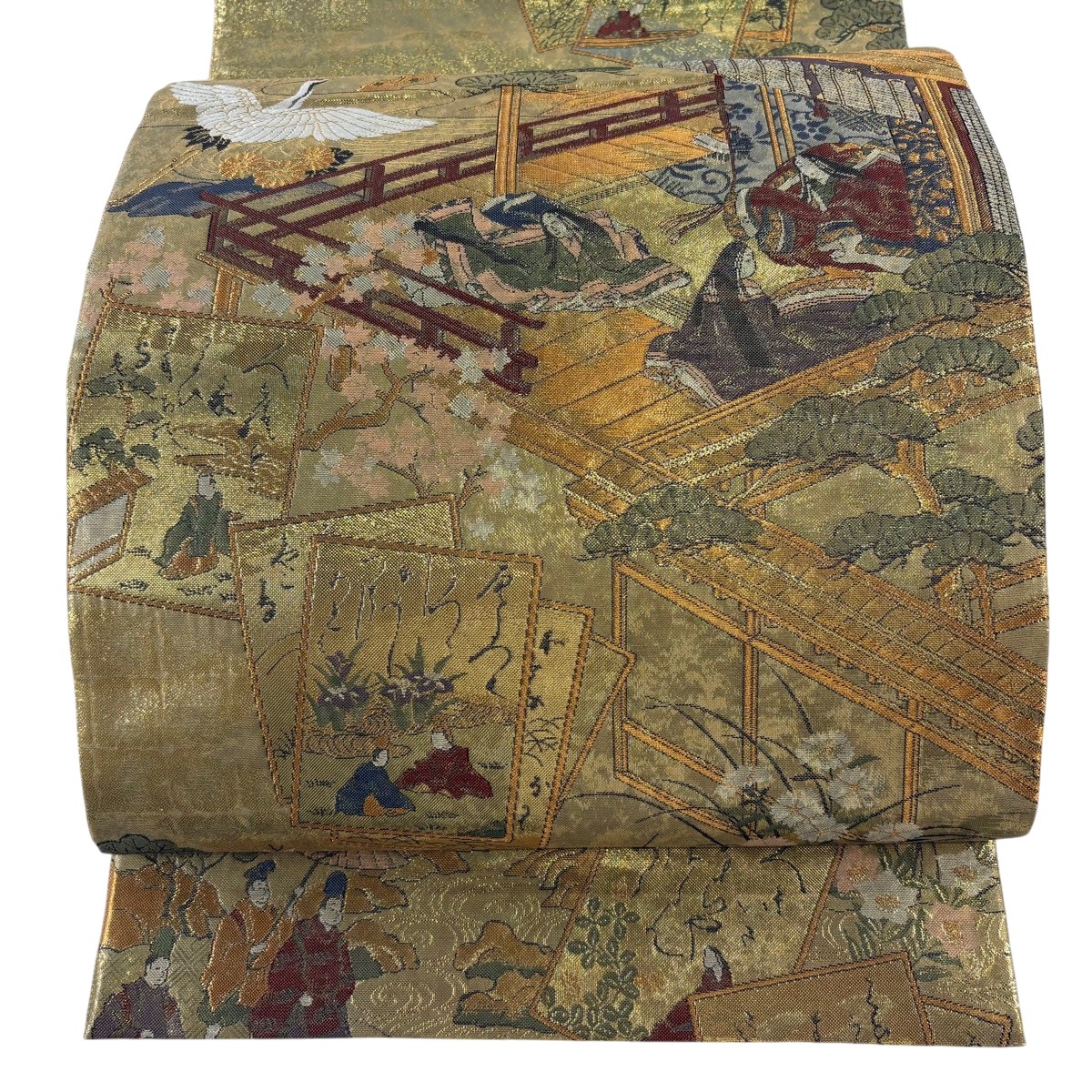 【美品】 袋帯 名品 鈴乃屋 伊勢物語絵巻 金糸 箔 金色 お太鼓柄 正絹 【中古】|バイセル 店