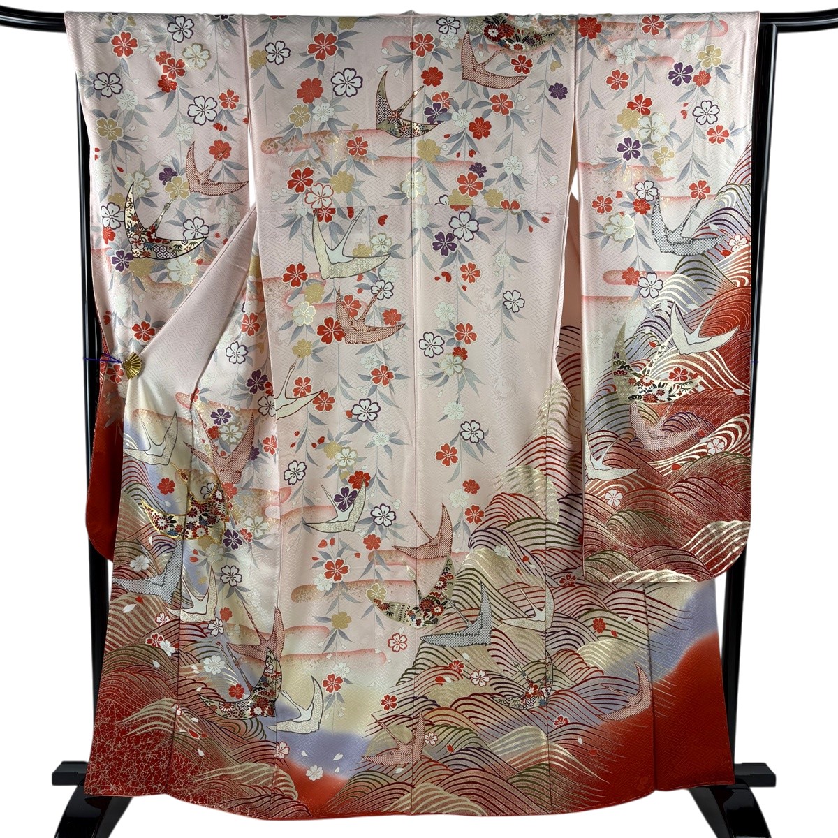 【美品】 振袖 身丈162cm 裄丈65.5cm M 袷 鶴 枝垂れ桜 金糸 金彩 薄ピンク 正絹 秀品 【中古】｜バイセル 店