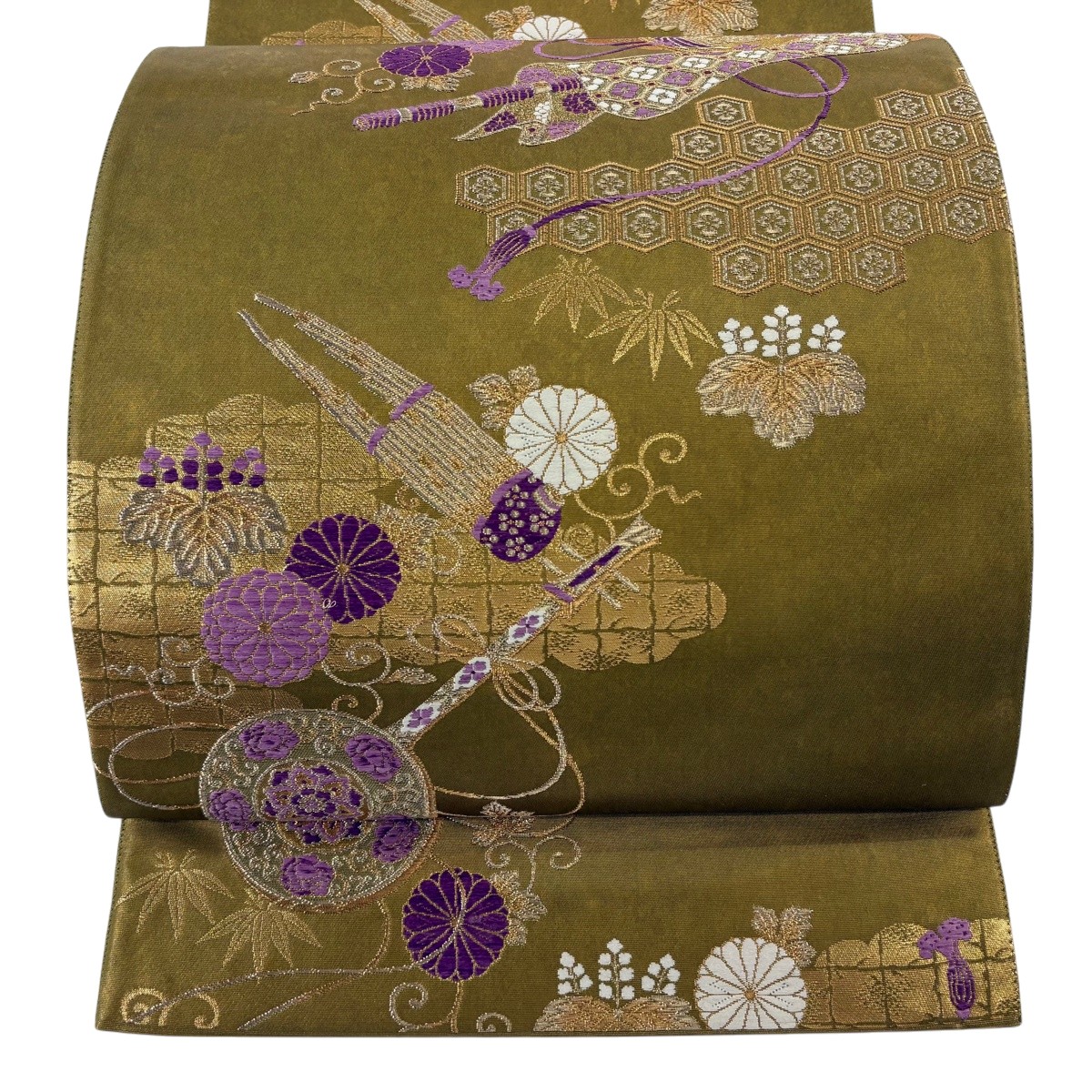 【美品】 袋帯 逸品 じゅらく 落款あり 帝王紫 雅楽器 菊唐草 金糸 箔 茶緑色 六通 正絹 【中古】|バイセル 店