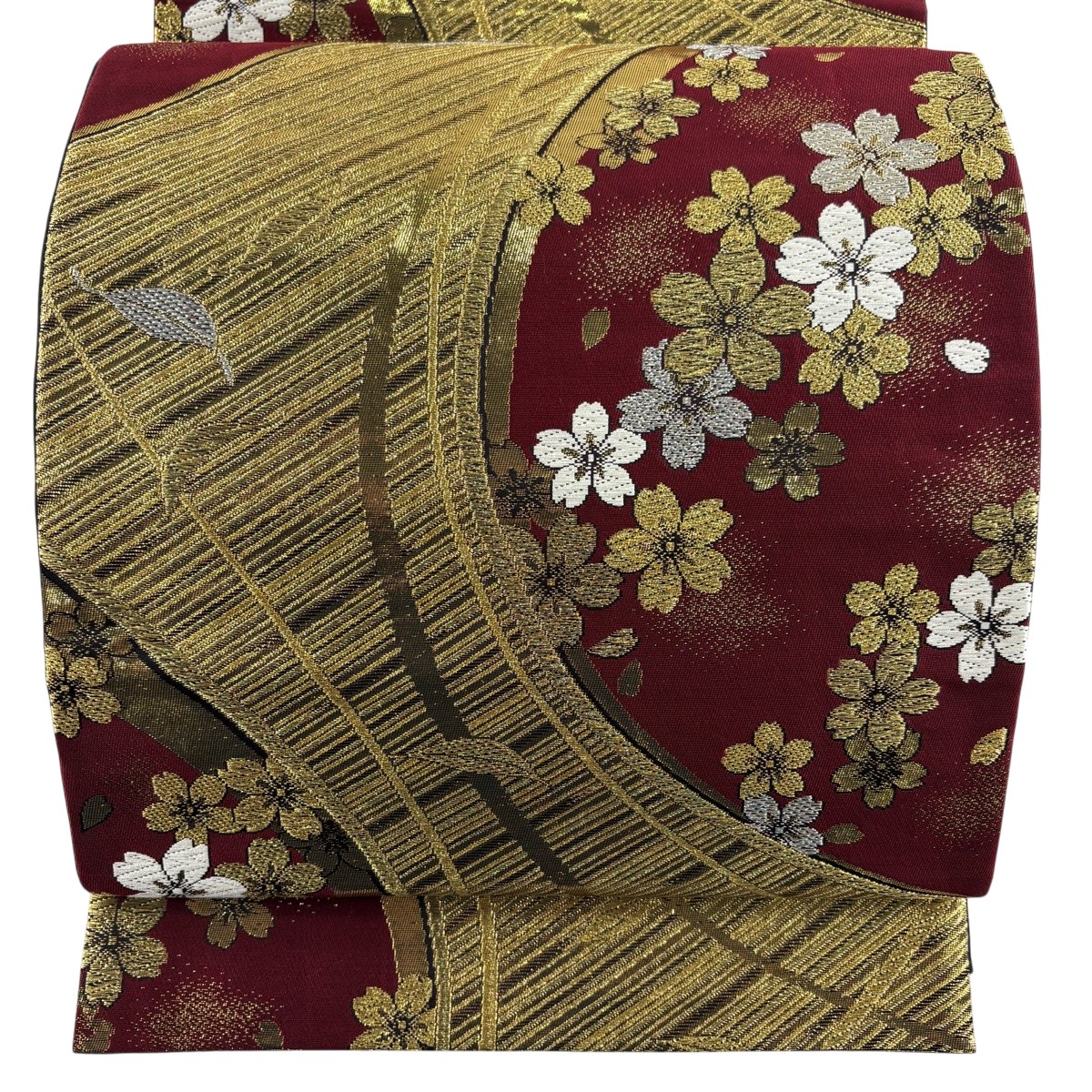 【美品】 袋帯 名品 振袖向き 桜 葉柄 金銀糸 箔 えんじ色 六通 正絹 【中古】｜バイセル 店
