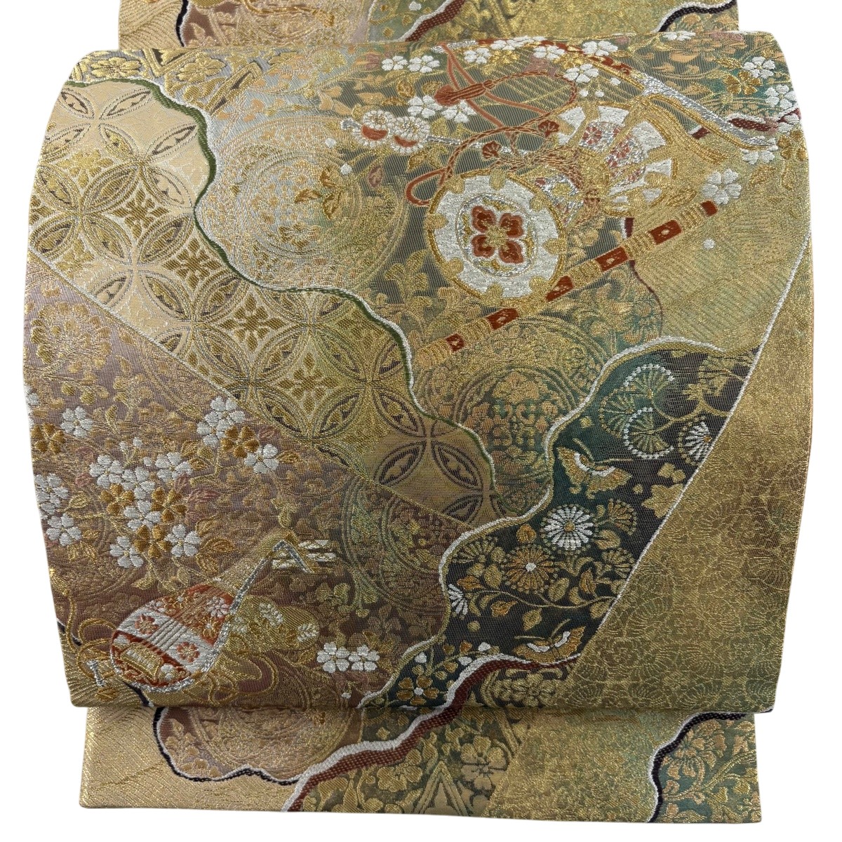 【美品】 袋帯 名品 楽器 花鳥 金銀糸 箔 鶯色 六通 正絹 【中古】|バイセル 店