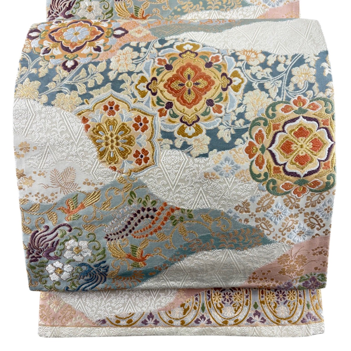 【美品】 袋帯 名品 関西仕立て 華文 花鳥 金糸 刺繍 ベージュ 六通 正絹 【中古】｜バイセル 店