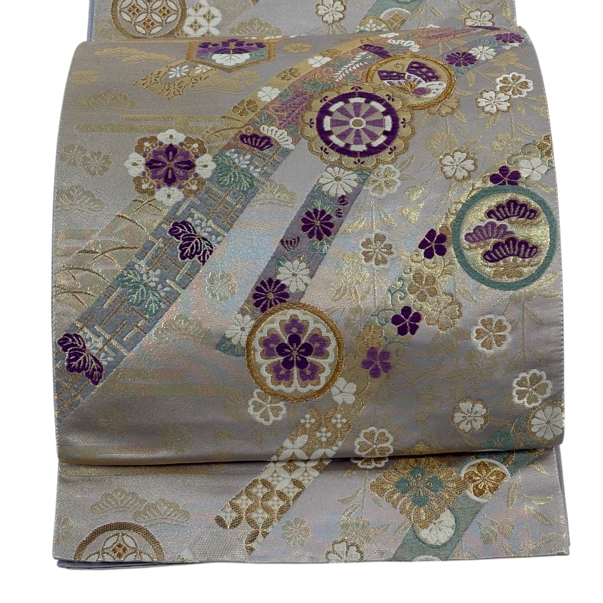 【美品】 袋帯 逸品 じゅらく 落款あり 源氏車 蝶 金糸 箔 灰紫 お太鼓柄 正絹 【中古】｜バイセル 店 26,460円