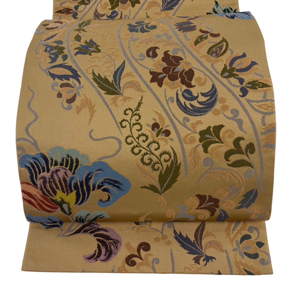 【美品】 袋帯 逸品 白綾苑大庭 落款あり 草花 箔 薄茶色 お太鼓柄 正絹 【中古】｜バイセル 店