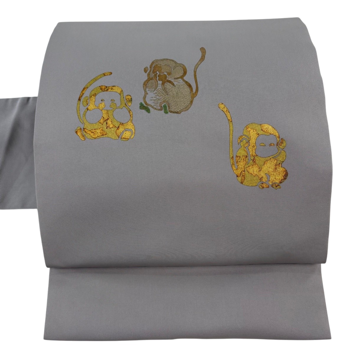 名古屋帯 逸品 三猿 箔 金彩 灰色 正絹 【中古】｜バイセル 店