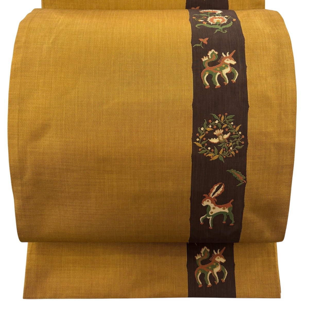 【美品】 袋帯 名品 木屋太 落款あり 動物 草花 黄土色 六通 正絹 【中古】|バイセル 店