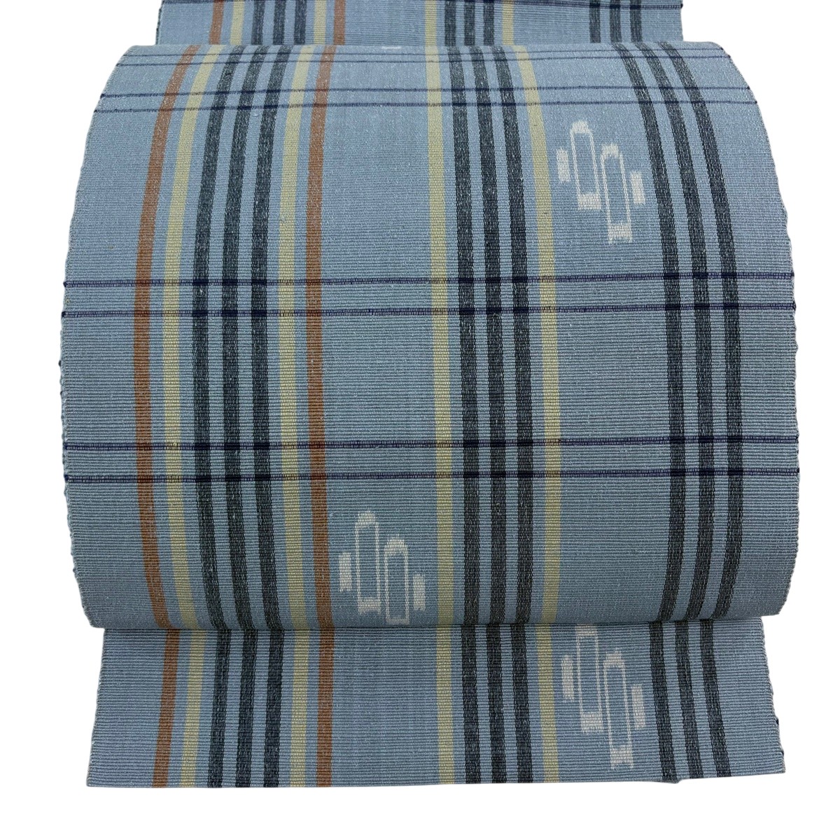 【美品】 名古屋帯 名品 八寸名古屋帯 松葉仕立て 紬地 やまと 幾何学模様 縞 水色 正絹 【中古】｜バイセル 店